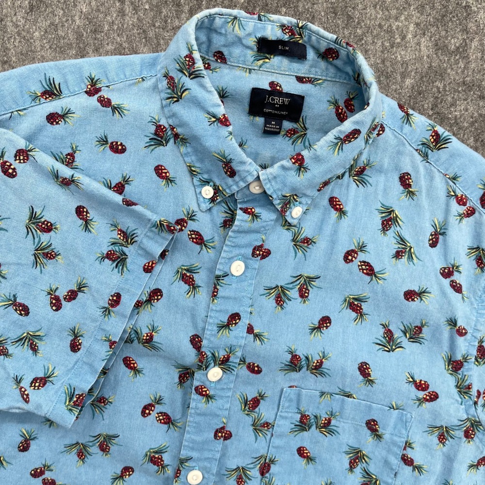 J.Crew Shirt Mens Medium Slim Fit Pineapple Print Cotton Linen Short Sleeve Blue